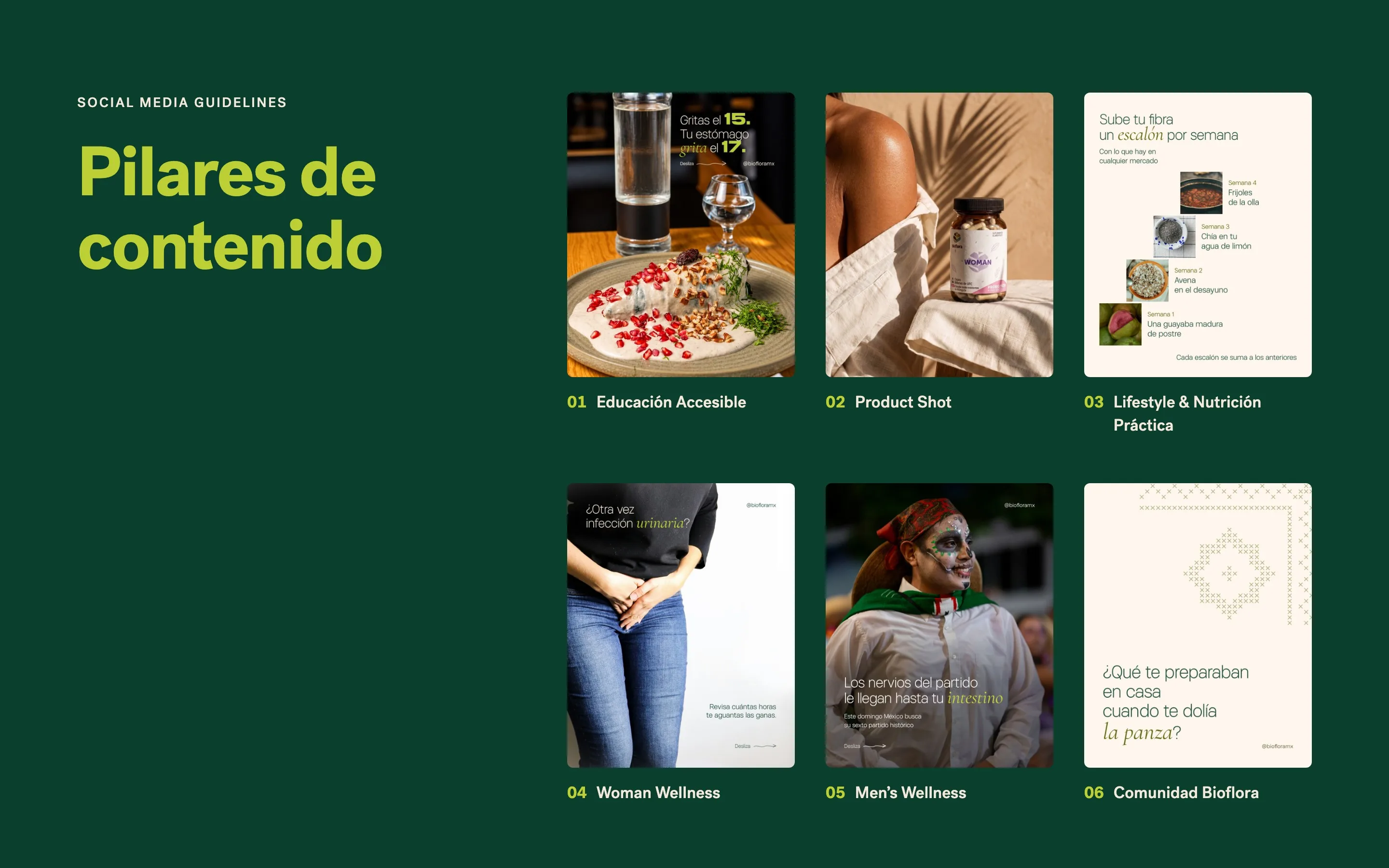 Lámina del manual de redes sobre verde oscuro: el título «Pilares de contenido» en lima y una retícula con un post real por pilar: Educación Accesible, Product Shot, Lifestyle & Nutrición Práctica, Woman Wellness, Men's Wellness y Comunidad Bioflora; en Product Shot, un frasco de Woman sobre lino, y en Men's Wellness, un hombre con la cara pintada de calavera y paliacate bajo «Los nervios del partido le llegan hasta tu intestino».