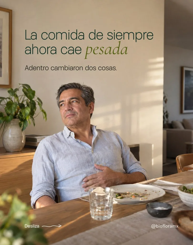 Un hombre en una mesa con la mano en el estómago y el texto «La comida de siempre ahora cae pesada».