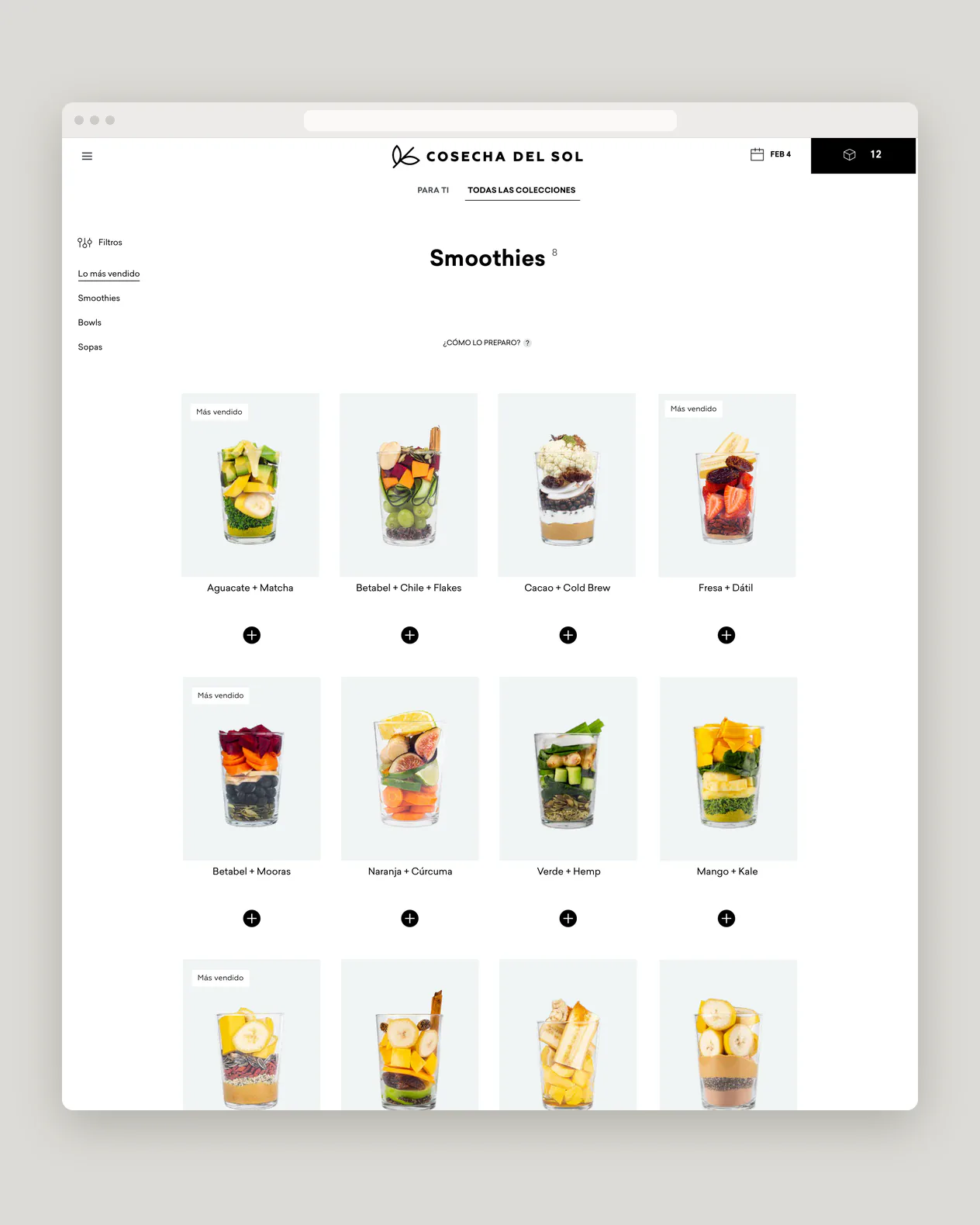 Lista de smoothies de la tienda, cada sabor con su botón “+”, en una ventana de navegador sobre gris claro.