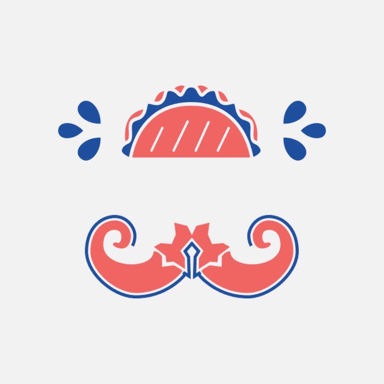 Los dos íconos de la marca: arriba un taco rojo y azul con gotas azules a los lados y abajo un ornamento rojo en forma de bigote, con volutas y contorno azul.