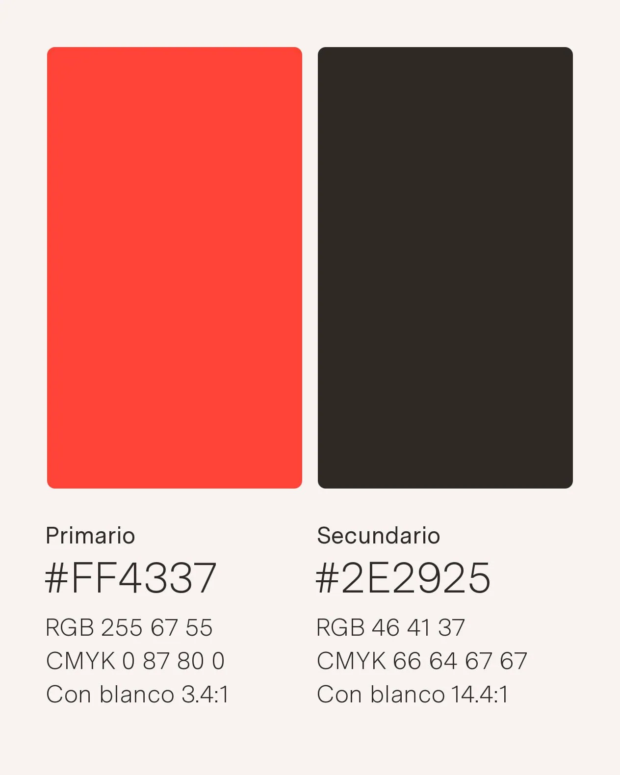 Lámina de la paleta de Básico: el rojo #FF4337 y el negro #2E2925, con sus valores RGB y CMYK.