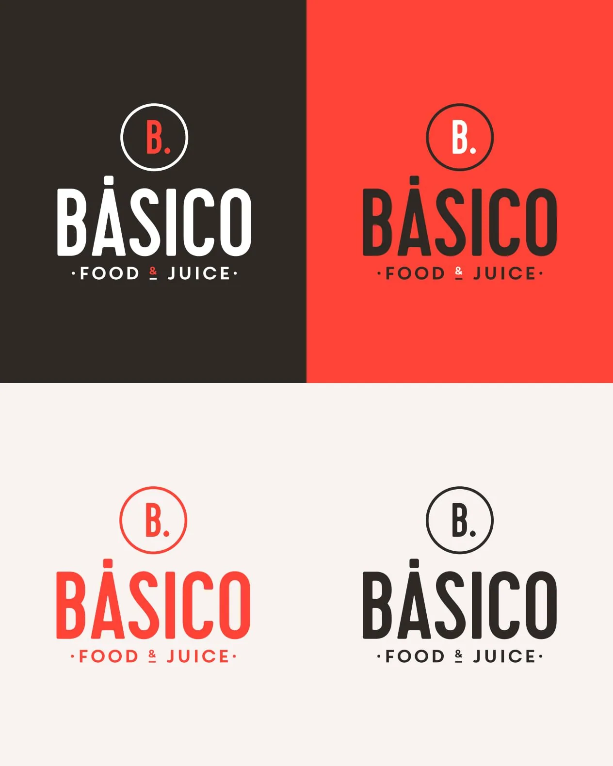 Lámina de los usos de color del logotipo de Básico: en negativo sobre negro y sobre rojo, y a una tinta.