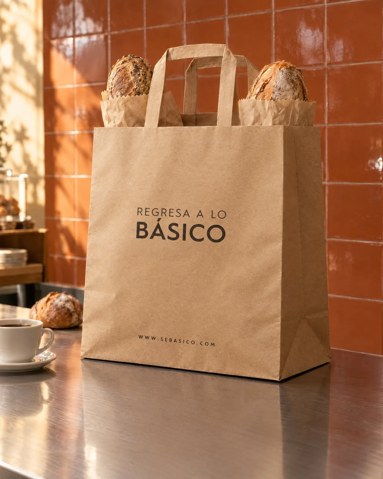 Bolsa de papel kraft con «Regresa a lo básico» al centro y www.sebasico.com abajo, en negro; arriba asoman dos panes, cada uno en su bolsita de papel, y al lado hay una taza de café y otro pan.
