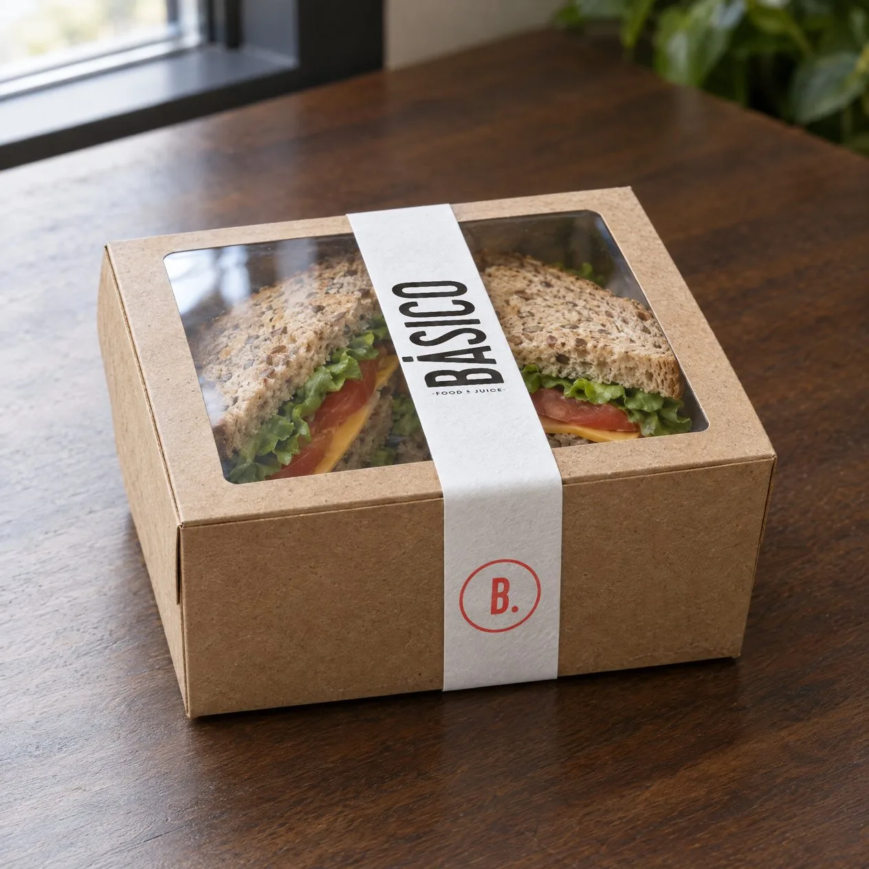 Caja kraft con ventana en la tapa que deja ver un sándwich integral con lechuga, jitomate y queso, cerrada por una tira de papel blanco con BÁSICO arriba en vertical y en negro, y la B. roja en su aro al frente.